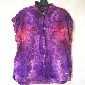 Andrew Marc Purple Cotton Blouse Button Up Sleeveless Tie Dye Size Medium Dyed